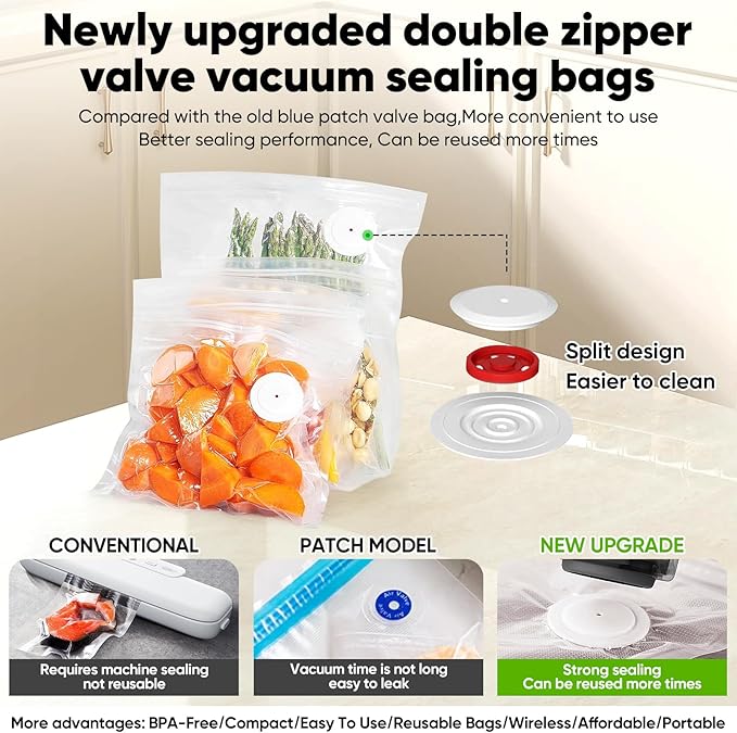 COZII Food Saver Vacuum Sealer Machine with 30 Bags, Preserve Compact Vacuum Sealer with Visible Water Tank, Handheld Portable, 60KPa Powerful suction, Wireless Rechargeable for 8X Fresh