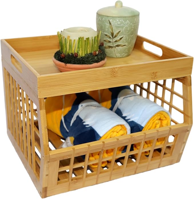 Bamboo Storage Bin - Multipurpose, Stackable Open Front Storage Bin with Bamboo Serving Tray Lid for Kitchen & Pantry - Stylish Lattice Design
