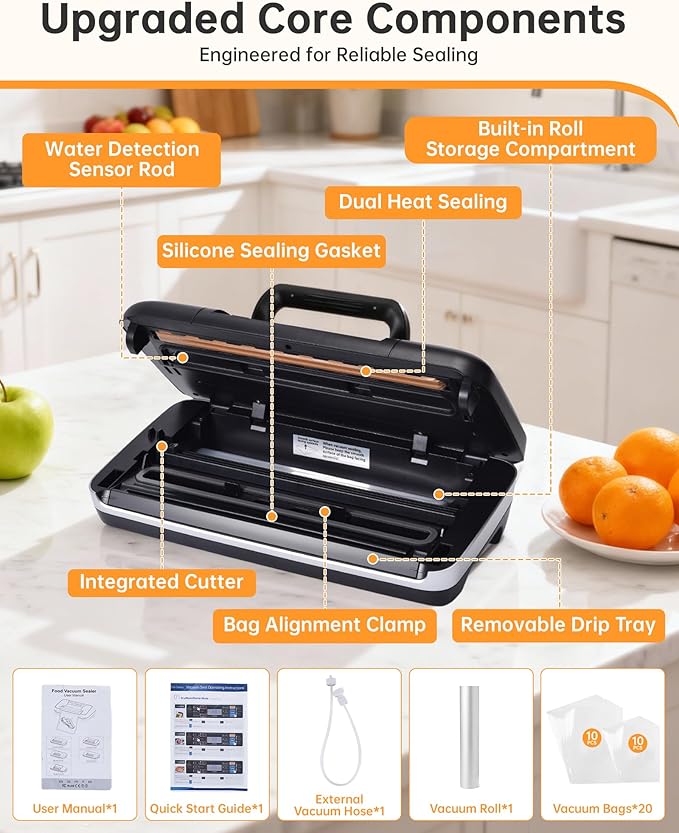 85kPa Commercial Vacuum Sealer with 2X Heat Seal, Countertop Chamber Food Sealer with Continuous Sealing, Multiple Modes for Dry, Wet & All Foods, Built-in Cutter, Ideal for Sous Vide & Food Storage