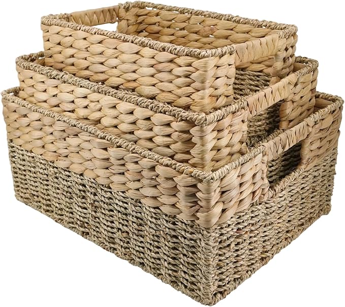 YAHUAN Natural Water Hyacinth & Seagrass Woven Storage Baskets – Wicker Storage Basket Organizer Bins with Handles for Home & Office Pantry Shelf (Set of 3)