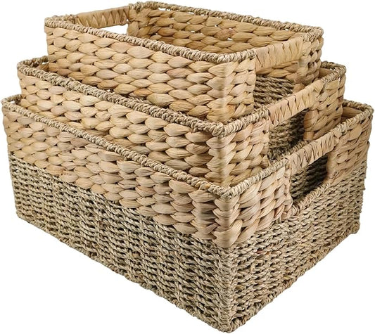 YAHUAN Natural Water Hyacinth & Seagrass Woven Storage Baskets – Wicker Storage Basket Organizer Bins with Handles for Home & Office Pantry Shelf (Set of 3)