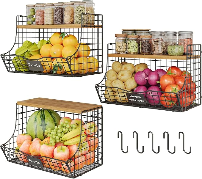 Extra Large Fruit Basket for Kitchen with Wood Lid Nameplate - Counter&Wall Mounted Onion and Potato Storage Bin, Stackable Metal Hanging Wire Baskets kitchen countertop organizer Pantry 3 Pack