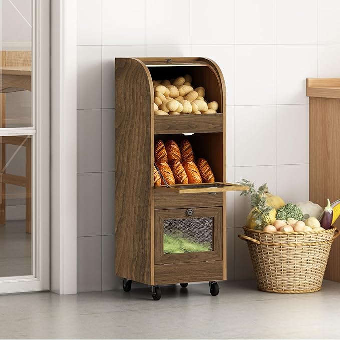 Potato and Onion Storage Bin,Potato Storage Bin Movable Bread Box with Wheels,Root Fruit and Vegetable Storage,Farmhouse Bread Storage Container,Kitchen Pantry Cabinet (Brown)