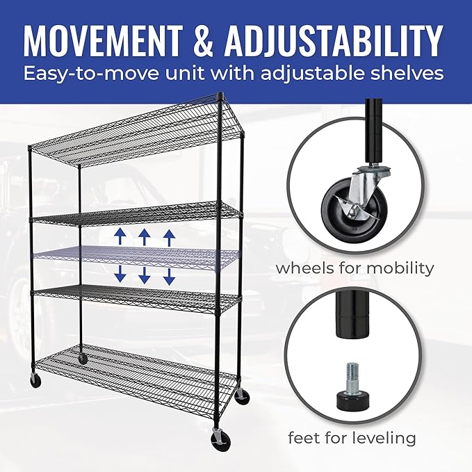 SafeRacks - NSF Certified Storage Shelves, Zinc, Heavy Duty Steel Wire Unit with Wheels and Adjustable Feet, Garage or Bakers Rack, Kitchen, Pantry Shelf - (24"x60"x72" 4-Tier) (Black)