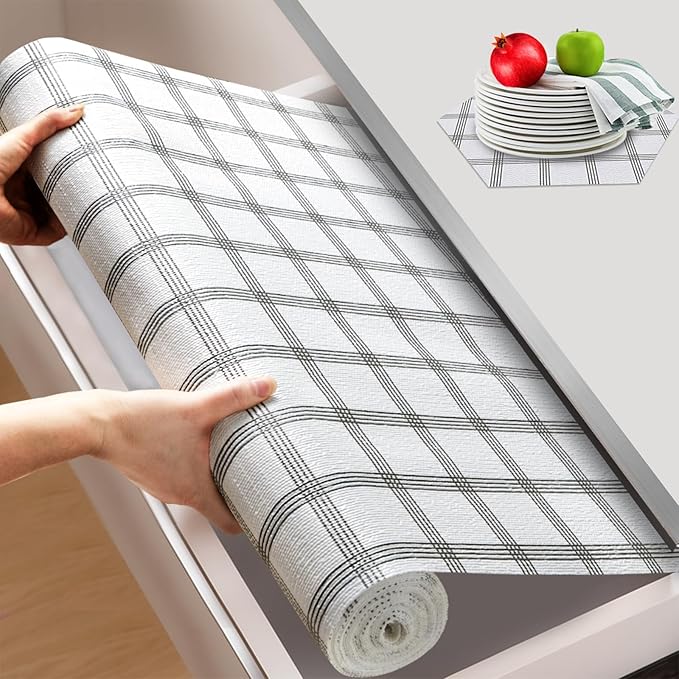 Beautysaid Shelf and Drawer Liner for Kitchen Cabinet, Non Adhesive Non Slip Shelf Paper Waterproof Washable Thickened for Dresser Pantry Shelve Bathroom Protector Liner(Plaid,18 in x 10 FT)
