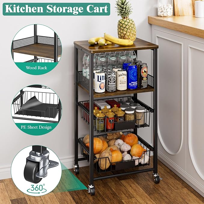 Giwil Vegetable Fruit Basket for Kitchen Pantry Organizers Storage, 4-Tier Utility Rolling Cart on Wheels with Wood Rack and Drawer Wire Baskets for Onions Potatoes Snacks, Black