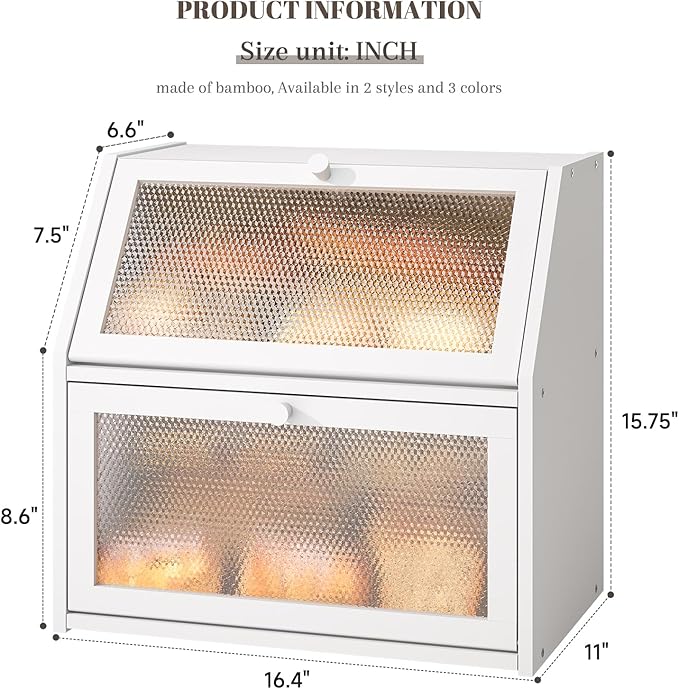 STDDRE Bread Box for Kitchen Countertop Bin Double Layer Bread Box Storage Container Extra Large Capacity with Diamond Pattern Windows (White, Extra Large)