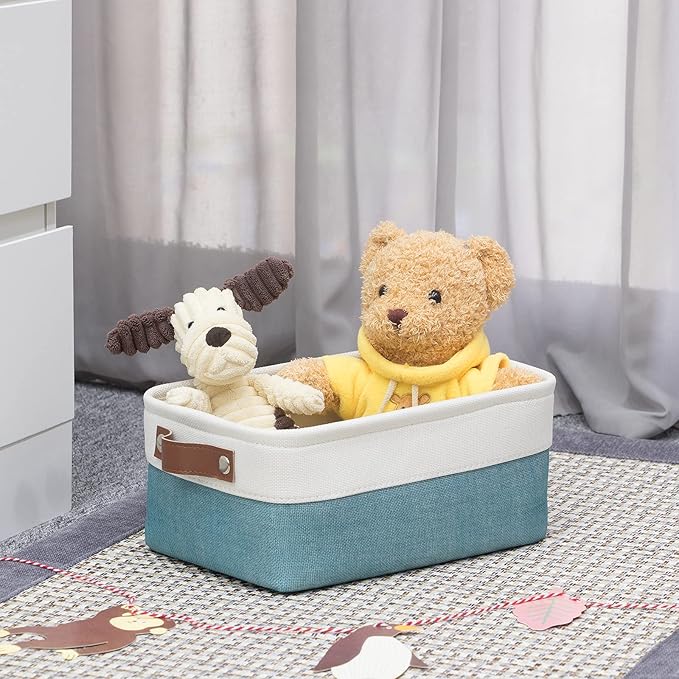 HNZIGE Storage Baskets Bins Set, (6 pack) Small Fabric Baskets for Shelves, Baskets for Gifts Empty with Handles for Organizing Shelf Nursery Home Closet Clothes room(White Teal, 11.8" x 7.8" x 5.1")