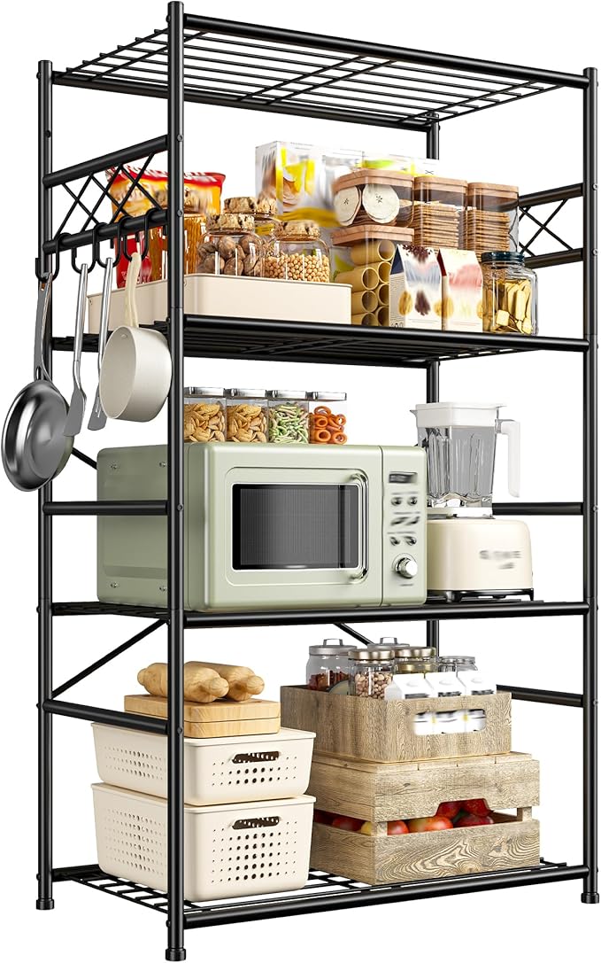 Storage Shelves 4 Tier Shelf Organizer,Metaling Shelving with Hooks,Heavy Duty Garage Shelves Unit with Leveling Feet,Wire Shelving for Pantry,Kitchen and Closet,23.6" W x 13.8" D x 60.4" H