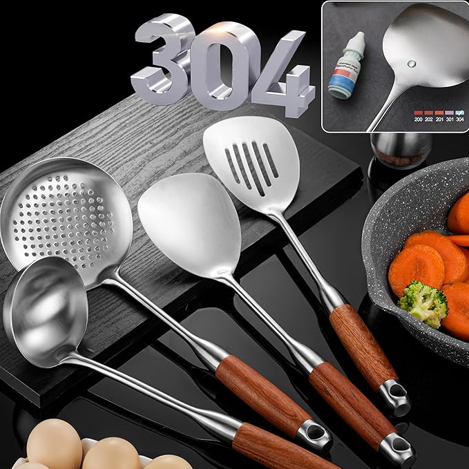 NIITAWH Kitchen Utensils Set Stainless Steel with Wooden Handle,Metal Cooking Utensils Set 12 PCS,Spatulas,Ladle,Skimmer,Tunners,Spaghetti Spoon,Fork,Potato Masher,Egg Whisk,Tongs
