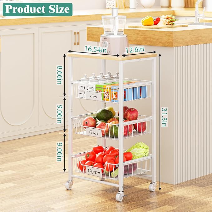 Giwil Vegetable Fruit Basket for Kitchen Pantry Organizers Storage, 4-Tier Utility Rolling Cart on Wheels with Wood Top and Drawer Wire Baskets for Onions Potatoes Snacks, White