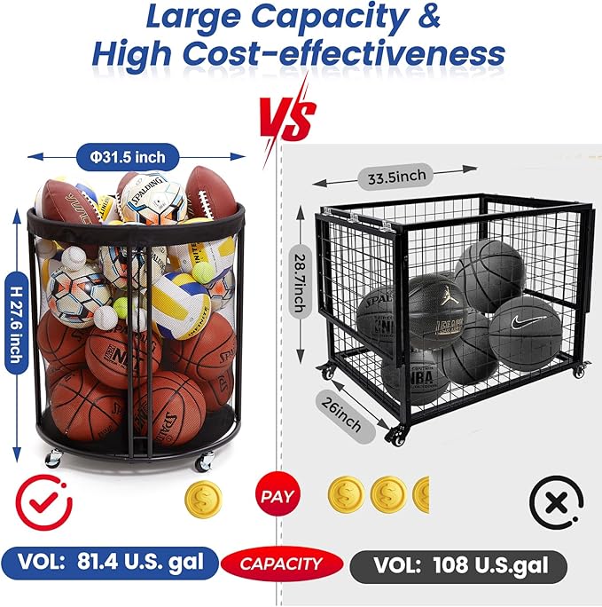Ball Storage Bin, Sports Ball Storage Cart, Ball Holder with Wheels for Basketball, Soccer, Garage, School, Indoor, Outdoor Ball Basketball Storage Rack Upgraged
