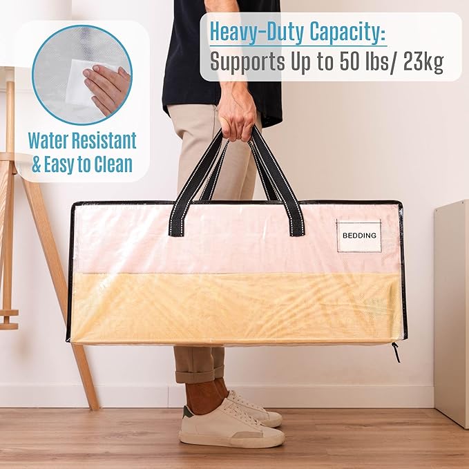 VENO 2 Pack Heavy Duty Moving Bags, Christmas Storage Bins with Lids, Clear Design, Alternative to Moving Boxes, Storage Bags for Clothes, Blankets, Comforters, Pillows, Camping (Clear, 2 Pack)