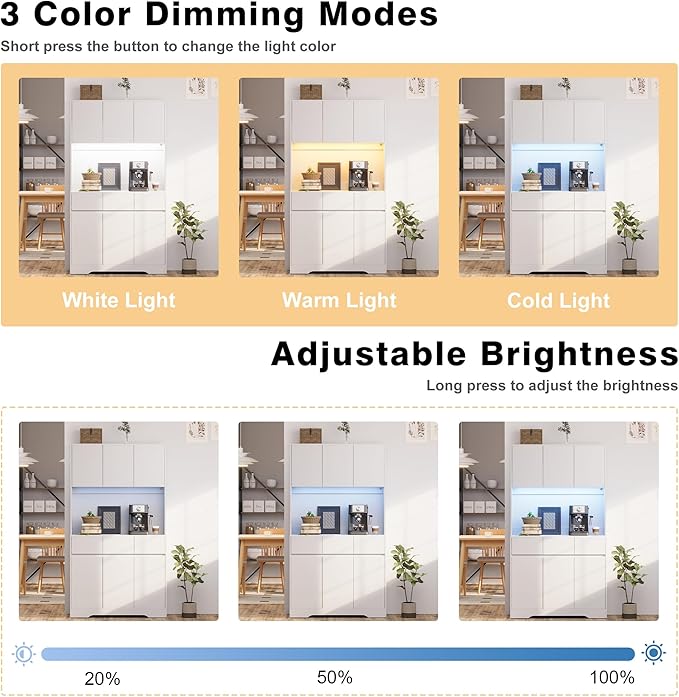71" Pantry Cabinet with Charging Station and LED Lights, Tall Kitchen Pantry Storage Cabinet with Microwave Stand, Modern Hutch with Storage Drawers for Dining Room, Living Room, White
