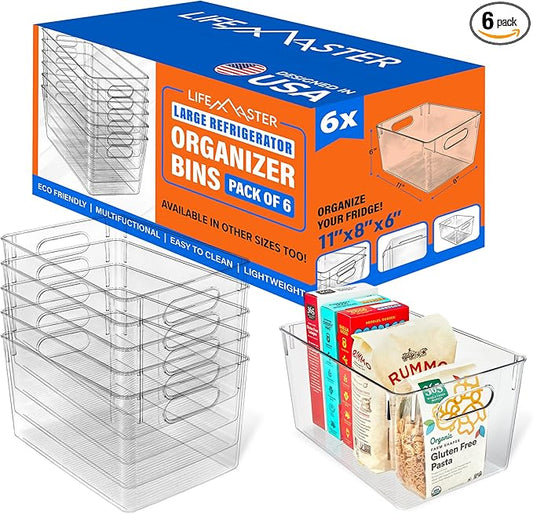 Lifemaster Stackable Refrigerator Bins - Set of 6 Large Capacity Organizers with Easy Grip Handles - Clear and Versatile for Kitchen Storage