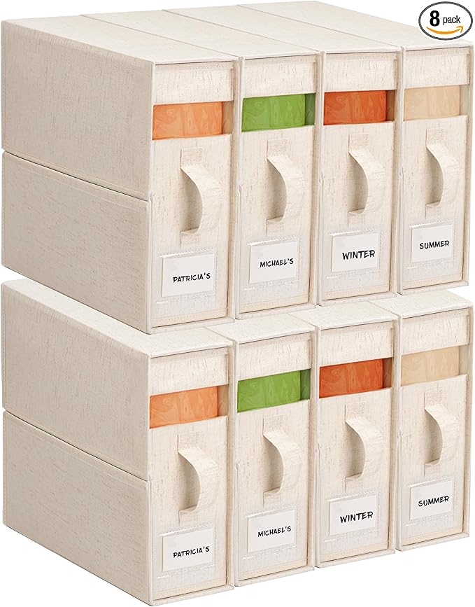 8Pack Linen Sheet Organizers for Linen Closet - King/Queen Size Bedding Storage Boxes with Clear Window | Foldable, Dustproof Sheet Storage Organizer for Blankets & Sheet Sets,Off-white