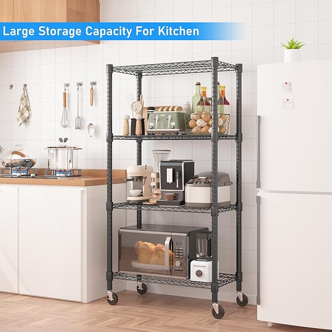 Homdox Heavy Duty Storage Shelves, 4 Tier Wire Shelving Unit with Wheels, Commercial Adjustable Metal Shelves for Storage, Garage Rack Pantry Shelves Kitchen Shelving, 14"x30"x72", Black