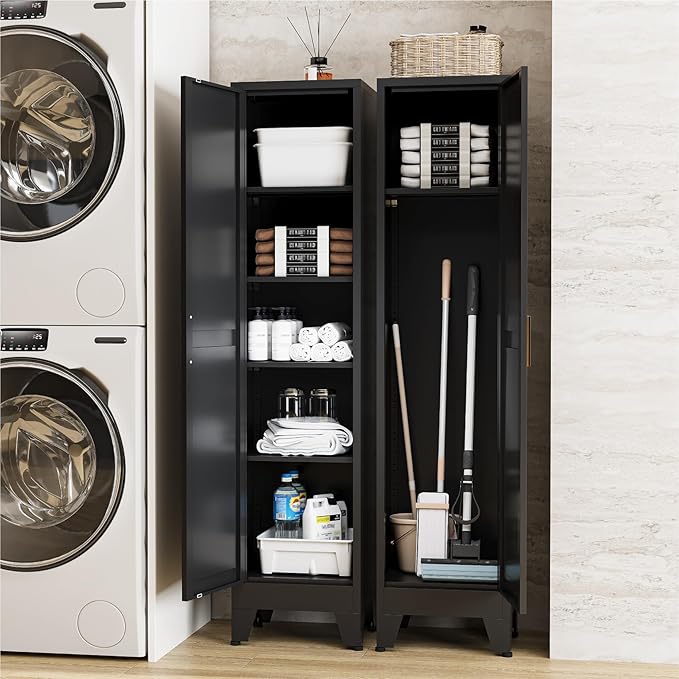 YNIQUESTLE 67" Tall Storage Cabinet with Reversible Doors and Adjustable Shelves,Metal Slim Freestanding Cabinets for Bathroom Kitchen Garage Small Spaces,Black