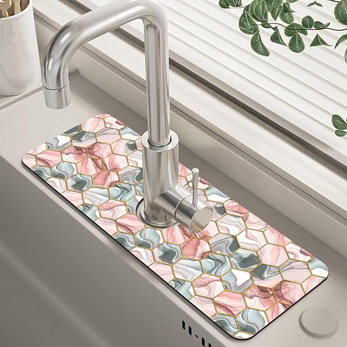 Abstract Gray and Red Hexagon Sink Faucet Absorbing Mat Sink Splash Guard Faucet Mat Draining Mat Fast Drying Sink Protectors for Kitchen and Bathroom 5.5"×15"