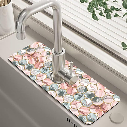 Abstract Gray and Red Hexagon Sink Faucet Absorbing Mat Sink Splash Guard Faucet Mat Draining Mat Fast Drying Sink Protectors for Kitchen and Bathroom 5.5"×15"