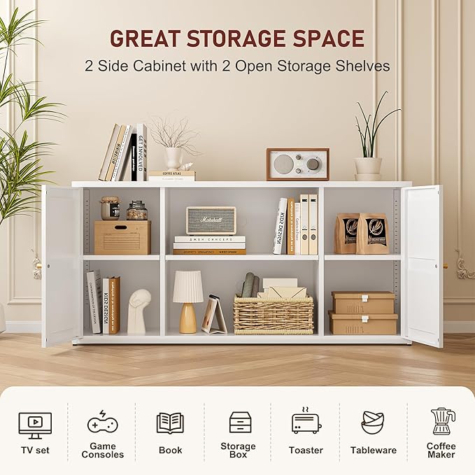 LCAOPC Metal TV Stand for 65 Inch TV, Farmhouse TV Entertainment Center with Storage Cabinets and Adjustable Shelves, Modern Media TV Console Table, TV Cabinet for Living Room, White