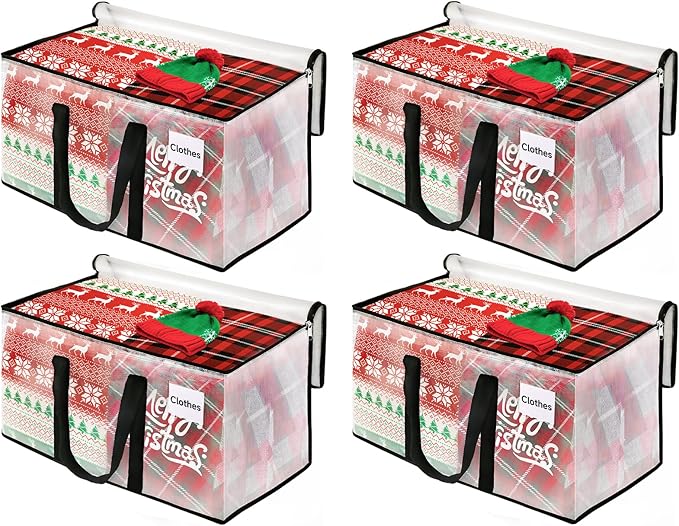 BlissTotes Moving Bags, 4-Pack Storage Bags, Moving Bags Heavy Duty Extra Large, Moving Totes, Clear Moving Bags, Reinforced Handles & Tag Pocket, Christmas Totes (76L)
