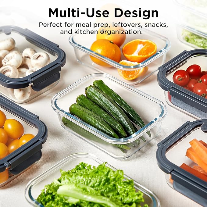 Spreccio Glass Food Storage Containers with Lids, 10 Pack of 21oz, Glass Meal Prep Container with Airtight Lids, Microwave Safe Food Container Set, BPA Free, LeakProof, Ideal for Lunch