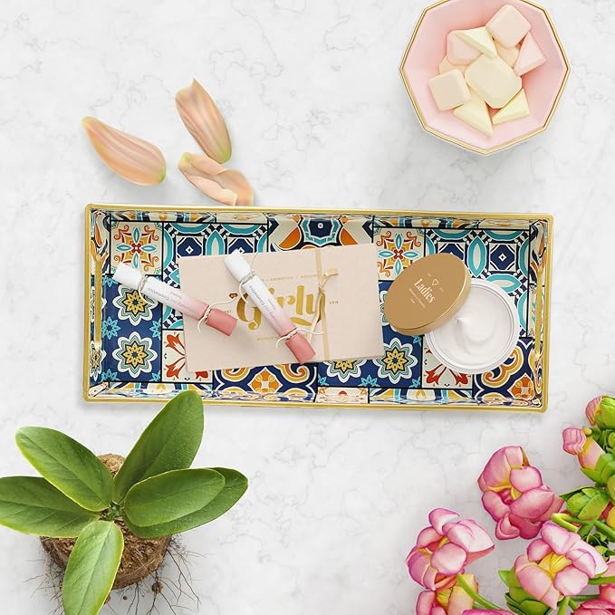 Leemxiiny Bathroom Vanity Tray for Countertop, Small Plastic Toilet Tank Tray Versatile Storage & Organization Tray for Makeup, Perfume, Desk, Kitchen, Candles, 13.7"x6"x1.4", 35Boho2
