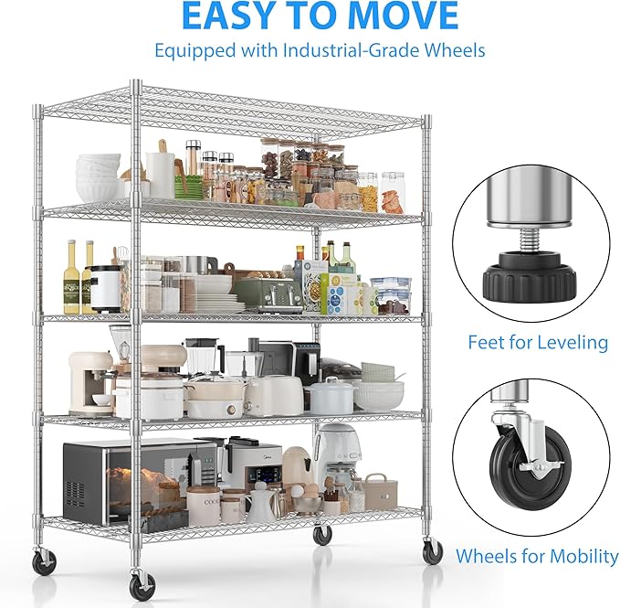 Homdox 5 Tier Heavy Duty Storage Shelves, Wire Shelving Unit with Wheels, Commercial Adjustable Metal Shelves for Storage, Garage Rack Pantry Shelves Kitchen Shelving, 24"x 60"x 82", Chrome