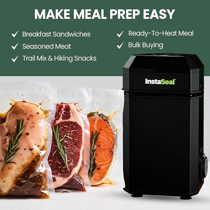 Vacuum Sealer for Food with 12 Bags, Preserves Foods 5x Longer, Space Saving Compact Upright Design Allows Machine to Heat Seal Marinades, Soups, Meats for Sous Vide Cooking