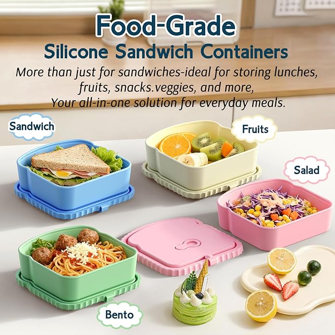 4 Pack Sandwich Containers, Reusable Snack Containers & Sandwich Box for Breakfast, Leak-Proof Lunch Containers Sandwich Bags for Picnic, Office, Travel