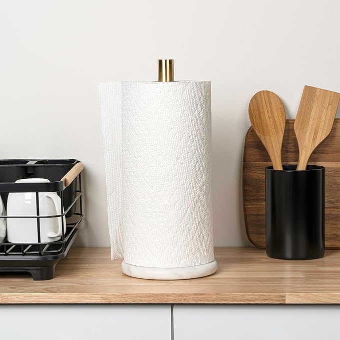 happimess PRH2000D Avery Modern Classic Metal with Non Slip Weighted Marble Base Paper Towel Holder, for Bathroom Kitchen Countertop, Standard or Jumbo-Sized Roll Paper, White/Gold