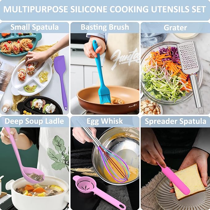 Silicone Kitchen Utensils Set, 16-Piece Silicone Cooking Utensils by Deedro, Heat Resistant Kitchen Tools Set with Holder, Nonstick Spatula Kitchen Gadgets for Cooking & Baking, Colorful