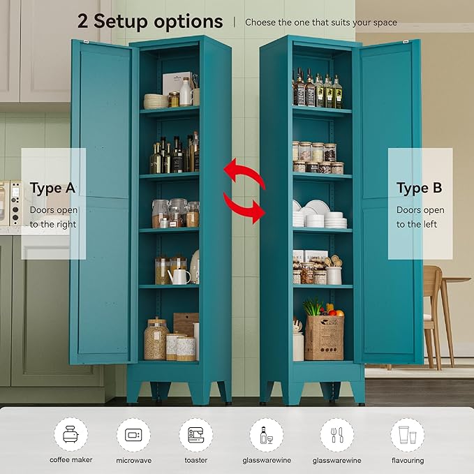YAUWOH Narrow Metal Cabinet with 4 Adjustable Shelves and Barn Doors,Tall Bathroom Storage Cabinet, Metal Pantry Organizer for Kitchen,Home Office, Dining Room,Blue