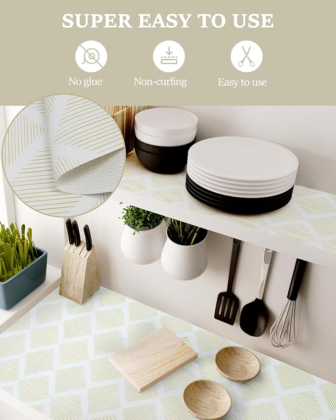 Drawer and Shelf Liner for Kitchen 11.8in x 20FT, Non-Slip Non-Adhesive Cabinet Liners for Cupboard, Dresser, Shelves, Tool Box, Pantry, Thickened Easy Install, Strong Grip, Yellow&White