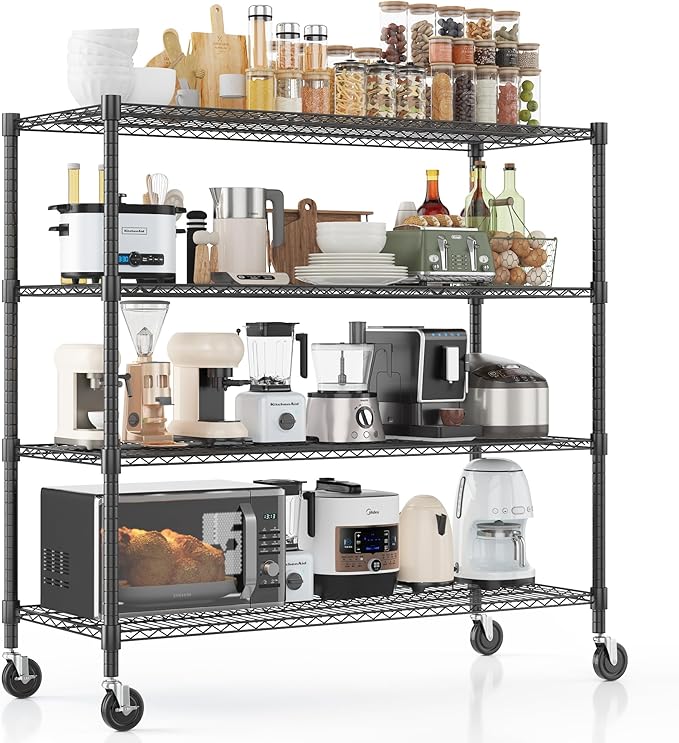 Homdox Heavy Duty Metal Shelves for Storage, 4 Tier Storage Racks and Shelving, Commercial Adjustable Wire Shelving Unit on Wheels, Garage Rack Pantry Shelves Kitchen Shelving, 18"x48"x72", Black
