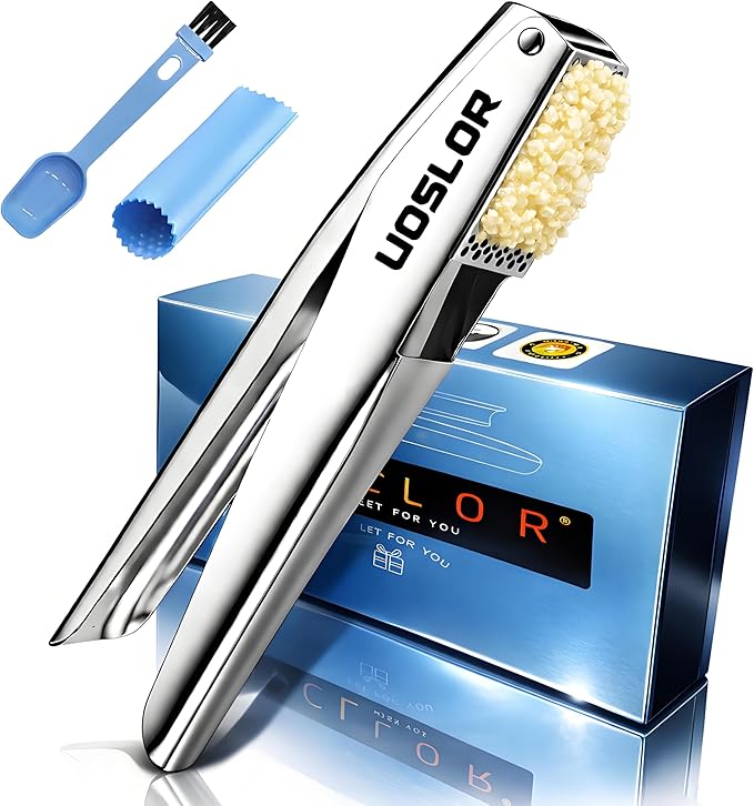 UOSLOR Garlic Press Heavy Duty Mincer and Peeler Set, Rust Proof 304 Stainless Steel Garlic Crusher, Easy-Squeeze Nut Ginger Chopper, Dishwasher Safe Kitchen Gadget