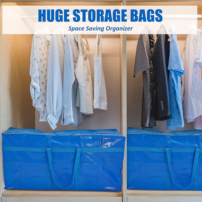 Windyun 4 Pack 155 Gallon Extra Large Moving Bags XXL Heavy Duty Storage Bag with Strong Zipper Handle Jumbo Big Tote Box Foldable for College Dorm Travel Clothes Duffle Blanket Pillow(Blue)