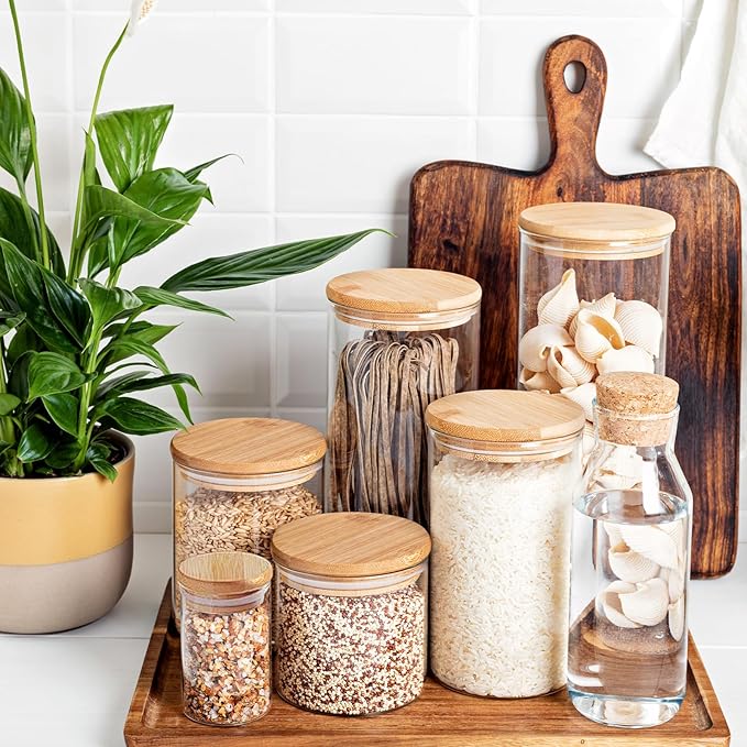 17oz Glass Food Storage Jars, Glass Jars with Bamboo Lids, Kitchen Storage Jars, Set of 12, Canisters with Airtight Lids for Spice, Coffee, Cookie, Pantry Organizers