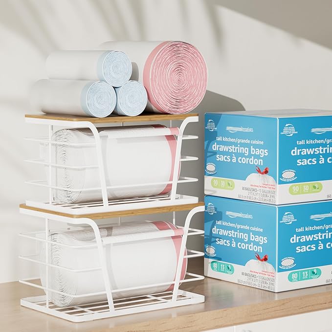 Extra Large 2 Pack Trash Bag Dispenser, Trash Bag Holder with Bamboo Top, Garbage Bag Dispenser, Storage Stackable for Kitchen Laundry Organizers Countertop Organization, White