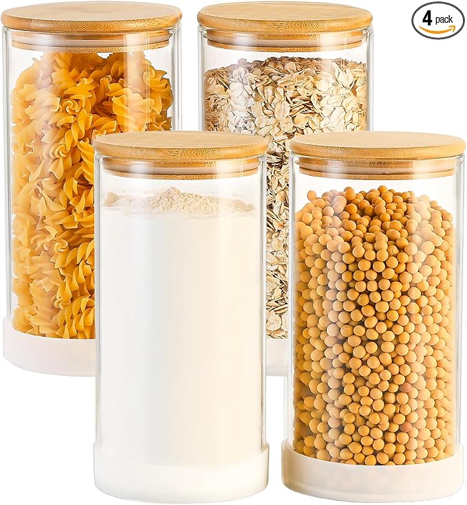 53oz Round Glass Storage Containers with Bamboo Lids – 4 Pack Large Airtight Glass Jars for Pantry Organization, Kitchen Dry Food, Flour, Cereal, Coffee Beans & Staples