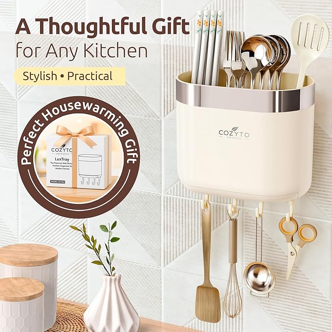 COZYTO LuxTray U1-Pro – Wall Mounted Kitchen Organizer with Hooks, Dividers & Drain Tray, No-Drill Adhesive, BPA-Free – Cream White with Rose Gold or Silver Accent (Cream White & Shiny Silver)
