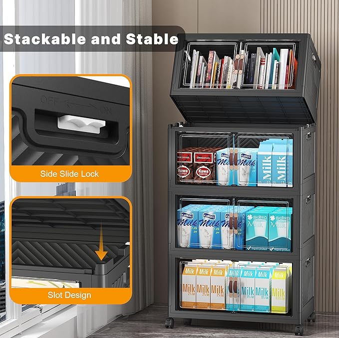 Extra Large Stackable Storage Bins with Lids & Wheels & Door, 208QT-52QT/13GAL*4Pack Foldable Collapsible Closet Organizers, Plastic containers drawers for bedroom Dorm