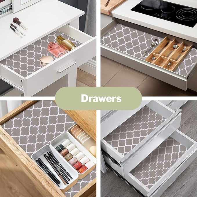 Drawer and Shelf Liner for Kitchen Cabinet: 12 in X 20 Ft Non Slip Waterproof Shelf Paper Non Adhesive Refrigerator Liners Gray Quatrefoil Easy Liners for Bathroom Cupboard with Knife Tape Measure
