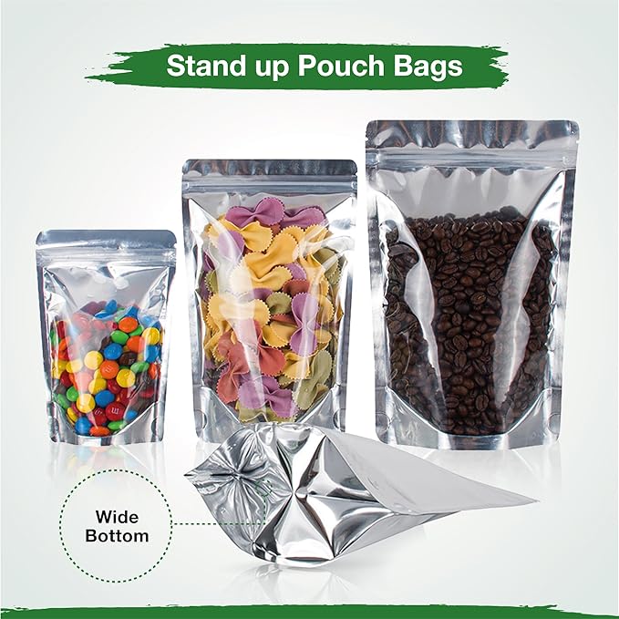 BELLE KR® 4x6 Mylar Bags for Freeze Dried Candy - Pack Of 100-7.5mil Thick - 1/2 Pint Stand Up Small Clear Mylar Bags with See Through Window for Freeze Drying - Labels Included