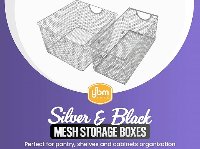 YBM Home Kitchen Pantry Organizer Wire Basket for Shelves, Cabinets, Pantry, Countertop, Mesh Open Storage Bin Metal Basket for Organizing Food Supplies 10” x 9” x 6”, Pack of 2, Silver