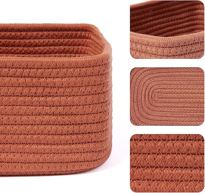 MiniArk Small Storage Baskets for Organizing | Closet Organizer Bins | Shelf Toy Basket | Woven Rope Baskets | Cube Decorative Box | Shallow Basket | 11.5x7.5x4.7” | 4 Packs Oxide Red