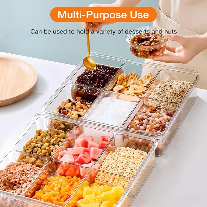 2PCS Divided Serving Tray with Lid & Handle, 6 Compartment Removable Snack Box, Kitchen Organizers and Storage, Snackle Box Container, BPA-Free Fruit Storage Container for Berry, Snack, Candy, Nuts…