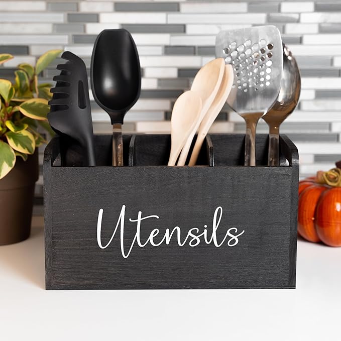 Black Kitchen Utensil Holder for Countertop – Large 3-Compartment Wooden Organizer & Caddy with Drain Holes, Farmhouse Kitchen Counter Utensil Holder, Rustic Wood Storage for Spoons, Spatulas & Tools