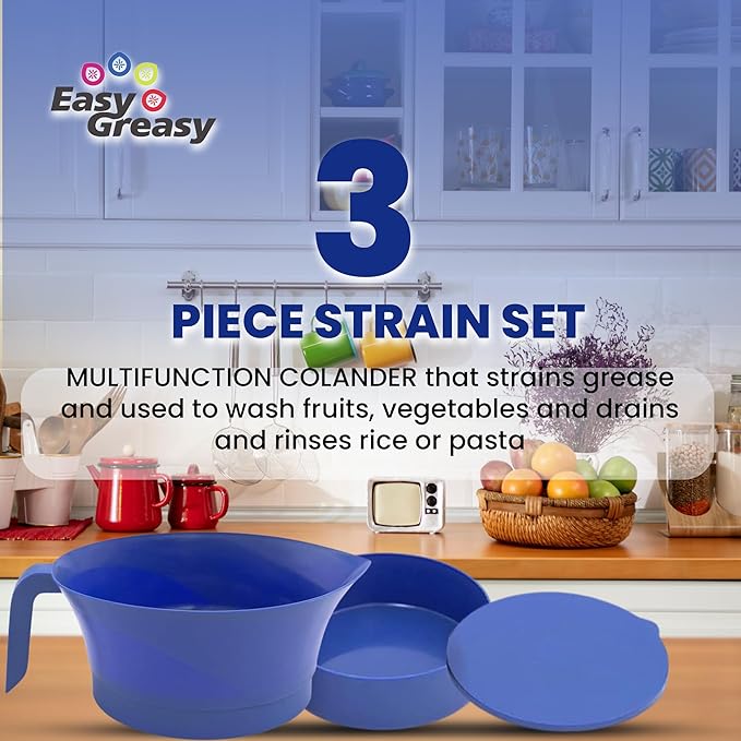 Easy Greasy 3-Piece Colander Grease Strainer Set – Blue Grease Separator with Handle, Container & Lid – Strains Bacon, Pasta, Ground Beef – BPA-Free Kitchen Gadget